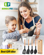 Pack of 4 Silicone Cooking Utensils Set, Non Stick Solid Spatulas and Heat Resistant Slotted Spoons with Wooden Handle, Ideal Wood Kitchen Utensils Set for Frying,Serving,Turning,Stirring (BLACK)