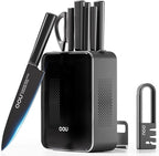 OOU Knife Set with Block and Sharpener,9 Pcs High Carbon German Steel Knife Block Set, Dishwasher Safe Knife Set with Upgrade Ventilated Block & Built-in Cutting Board Organizer, Anti-Rust