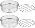 E-far Round Cake Pan with Rack Set, 9½-inch Stainless Steel Cake Pans and Baking Cooling Racks, Non Toxic & Healthy, Mirror Polished & Dishwasher Safe - 4 Pieces (2 Pans + 2 Racks)