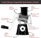 Rotary Cheese Grater, Cheese Grater Hand Crank, With Suction Base, Easy Cleaning With 3 Stainless Steel Interchangeable Drum Blades, Black