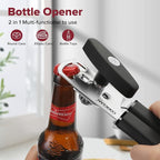 Can Opener Manual 2-in-1 with Magnet, Hand Held Can Openers with Stainless Steel Sharp Blade (Smooth Cut), Large Effortless Turn Knob, Non-Slip Soft Rubber Handle, Built-Bottle Openers, Black