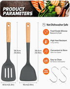 Silicone Wok Spatula Turner Set, Perfect for Scooping, Flipping, Lifting Pancakes and Picking up Veggies, BPA-Free Matte Silicone, Wooden Handles, Safe for Nonstick Cooking Surfaces (Grey)