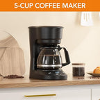 5-Cup Programmable Drip Coffee Maker, a compact coffee machine with a digital clock and 24-hour programmable timer, featuring Auto Shut-Off, and a Removable Filter Basket for Home & Office.