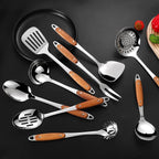 304 Stainless Steel Cooking Utensils Set,9PCS Metal Kitchen Utensils Set with Wooden Handle,Solid Spoon,Spatula,Ladle,Skimmer,Spaghetti Spoon,Dishwasher Safe