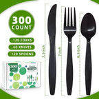Black Plastic Silverware, Compostable No Plastic Utensils 120 Forks 120 Spoons 60 Knives Disposable Cutlery, Eco Friendly Compostable Utensils, Disposable Forks Spoons Knives Set