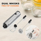 Rechargeable Milk Frother with Stand, 3 Speeds Drink Mixer Handheld with 2 Heads, Electric Frother Wand for Coffee, Latte, Cappuccino, Hot Chocolate, Matcha and Egg Mini Frother, Silver