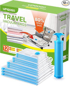Vacuum Bags for Travel, 12 Pack with Hand Pump, Space Saver Vacuum Storage Bags, Travel Essentials, Clothes, Blankets, Pillows