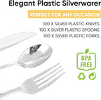 FOCUSLINE 300 Pack Silver Plastic Cutlery Set - 100 Forks, 100 Knives, 100 Spoons - Disposable Flatware Heavy Duty Plastic Silverware Set for Catering, Parties, Dinners, Weddings