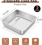 LIANYU 3 Pack 8 x 8 Inch Square Baking Cake Pan, Stainless Steel Brownie Bread Cake Molds, Square Bakeware for Lasagna Pie, Oven & Dishwasher Safe