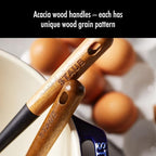 STAUB Silicone Spatula Turner, Perfectly Angled for Lifting Pancakes, Sandwiches and Picking up Veggies Durable BPA-Free Matte Black Silicone, Acacia Wood Handles, Safe for Nonstick Cooking Surfaces
