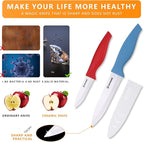 6-Piece Ceramic Paring Knife Set with Sheaths - Sharp and Healthy (5in Utility, 4in Fruit, 3in Paring Knife) - Red