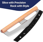 KitchenStar 14-Inch Pizza Cutter Rocker Blade - Razor Sharp Stainless Steel Slicer Knife, Stylish Beech Wood Handle, Protective Cover - Professional Pizza Oven Accessories, Silver