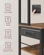 VASAGLE Bakers Rack with Charging Station, Coffee Bar with Adjustable Storage Shelves, Fabric Drawer, 12 Hooks, 15.7 x 31.5 x 71 Inches, Kitchen Microwave Stand, Rustic Brown and Ink Black UKKS015K01