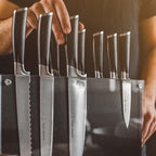 Schmidt Brothers - Black Downtown Magnetic Knife Block, Ebony Stained Red Oak and Acrylic Shield Universal Cutlery Storage For 16-18 Knives