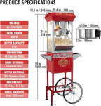 VEVOR Commercial Popcorn Machine, 8 Oz Kettle, 850 W Popcorn Maker on Wheels for 48 Cups per Batch, Theater Style Popper with 3-Switch Control Steel Frame Tempered Glass Doors Cart 1 Scoop 2 Spoons