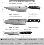 WILDMOK Damascus Kitchen Knife Sets 3 PCS, Japanese Kitchen Knife Set Damascus Steel Core, Ultra-Sharp Professional Chef Knife Set and Full Handle, Gift Box