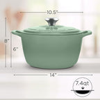 Signature Enameled Cast Iron Dutch Oven, Non-Stick Serving Pot with Tight Fitting Lid for Perfect Roasting, Baking, Sauteing, and Bread Making | 7.4Q (7L) - Sage