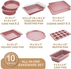 HONGBAKE Bakeware Sets, Baking Pans Set, Nonstick Oven Pan for Kitchen with Wider Grips, 10-Piece Including Rack, Cookie Sheet, Cake Pans, Loaf Pan, Muffin Pan, Pizza Pan - Pink