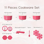 CAROTE Ceramic Sauce Pan Sets with Stand-Up Lid 2QT, 3QT & 4QT, 11 Piece NonStick Kitchen Cookware Sets with Detachable Handle, Non Toxic Cooking Pot, Oven Safe, Induction Ready, Pink