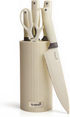 KUISINE Sharp Chef Knife Set Upgraded,High Carbon Stainless Steel Ergonomic Handle Knife Set with 3-hole Bottom Block,Easy to Drain and Clean(Ivory Silver Pro,6PCS)