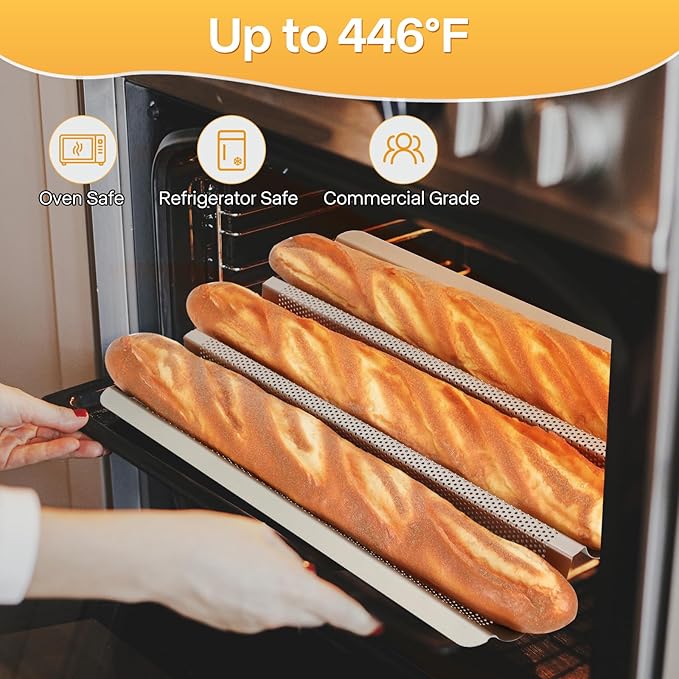 Baguette Bread Pan, Perforated French Bread Baking Pan, Nonstick 3 Loaf Bread Pans for Baking, with Baguette Kit – Includes Proofing Cloth & Dough Cutter, 15x11 Inch Gold