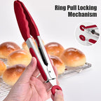Doosu Kitchen Tongs for Cooking - 600°F Heat Resistant Food Tong with Non-Scratch Silicone Tips, Heavy Duty Stainless Steel Locking Tong for BBQ, Grilling Steak, Serving Salad, Pasta (7in, Red)