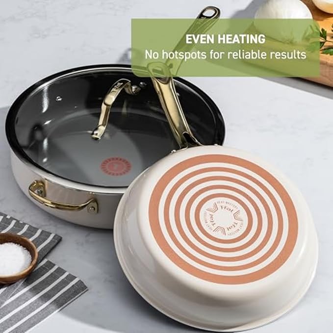 T-Fal Preserve Ceramic Nonstick Saute Pan with Lid 5.5 Qt, Oven and Broiler Safe up to 350°F Cookware, Frying Pan, Stay-Cool Handle, Skillet Pots and Pans, Beige