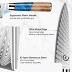 5 Piece Damascus Knife Set, Professional Japanese Knife Set with Japanese VG 10 Steel Core, Blue Resin Handle, Includes Chef, Santoku, Bread, Boning & Paring Damascus Knives in Gift Box