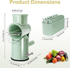 5 in 1 Cheese Grater with Rotary Hand Crank - Vegetable Chopper with Replaceable Stainless Blades, Strong Suction Base, Handle, Blade Storage Box, Easy-Clean Multipurpose Kitchen Slicer (Green)
