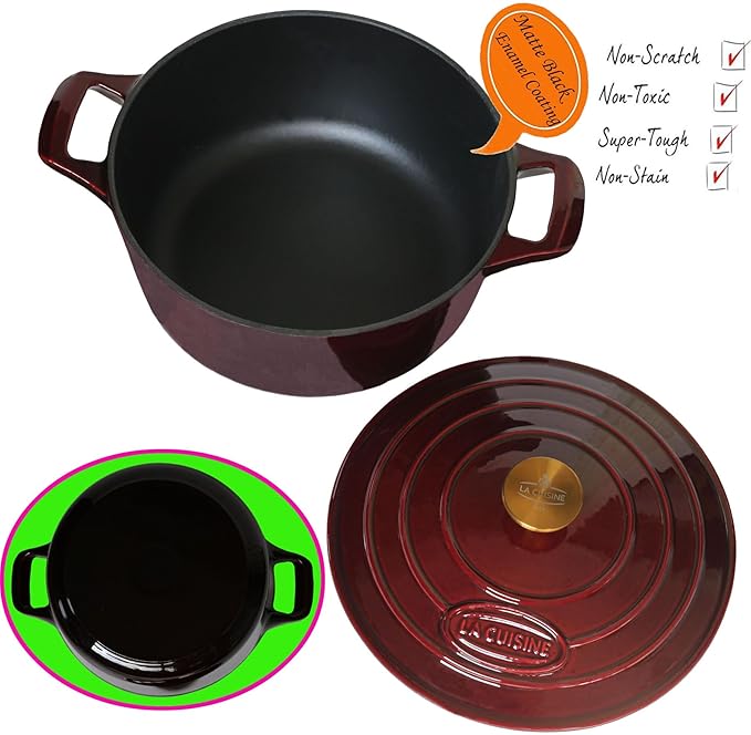 La Cuisine Enameled Cast Iron Dutch Oven Casserole Dish Pot with Lid, 5 QT 10.3“ /26cm Dia. Internal Matte Black Enamel Coating Gold-Plated SS Lid Handle Oven Safe up to 500° F, Cranberry