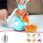 Rotary 3-in-1 Grater for Kitchen - Stainless Steel Cheese Grater with Turn Handle (Blue)