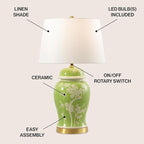 JONATHAN Y JYL3047B Gracie 29.5" Traditional Cottage Ceramic/Metal Ginger Jar LED Table Lamp, Green/White for Bedroom, Living Room, Office, College