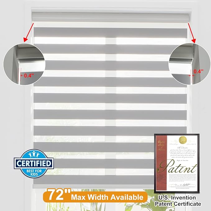 Persilux Cordless Zebra Blinds for Windows Free-Stop Roller Shades (33" W X 64" H, Grey) Dual Layer Light Cintrol for Day and Night, Light Filtering Sheer Shades for Home, Easy to Install