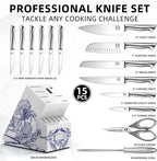Kitchen Knife Set - Phantom Iris X5 Knife Block Set - Top-tier Performance, 15 Pcs Premium High Carbon Stainless Steel Knife Set with Block and Sharpener, Professional Chef Knives Set