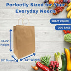 ASSUREPAK DIY Grocery Paper Bags - 200 units - 14"x10"x15.75" - Handle - Kraft Color - 74LB (110 GSM strong) - Recyclable Food & Supermarket Bags for Decorating & Branding - 141016NKPAPTHDL