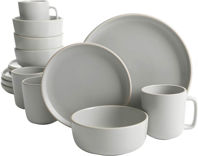 Gibson Home Zuma 16 Piece Round Kitchen Dinnerware Set, Dishes, Plates, Bowls, Mugs, Service for 4, Matte Stoneware, Light Grey