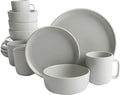 Gibson Home Zuma 16 Piece Round Kitchen Dinnerware Set, Dishes, Plates, Bowls, Mugs, Service for 4, Matte Stoneware, Light Grey