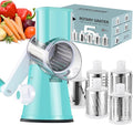 Ourokhome Rotary Cheese Grater Hand Crank, Kitchen Shredder Speed Mandolin Slicer Ice Shaver with Handle and Drum Blades for Cheese, Vegetable, Nuts, Chocolate, Potato, Carrot, 5 Blades, Blue