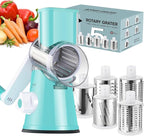 Ourokhome Rotary Cheese Grater Hand Crank, Kitchen Shredder Speed Mandolin Slicer Ice Shaver with Handle and Drum Blades for Cheese, Vegetable, Nuts, Chocolate, Potato, Carrot, 5 Blades, Blue