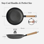 YUTANN 12 Inch Non-stick Frying Pan,Pre-seasoned Cast Iron Skillet with Detachable Wooden Handle,Lightweight,Dishwasher Oven Safe (500°F)