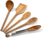 Salt & York 5-piece Olive Wooden Kitchen Utensil Set - Includes Turner, Tongs, Slotted Spoon, Ladle, and 12" Spoon - Best Wooden Spoons for Cooking - Ideal for Nonstick Cookware