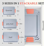 BRONYPRO Non Stick Ceramic Baking Sheet Pan Set of 3, Natural Non Toxic Cookie Sheets for Baking - PFOA, PTFE Free, Heavy Duty Aluminized Steel Oven Trays for Cooking with Silicone Handles, Coral