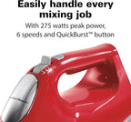Hamilton Beach 6-Speed Electric Hand Mixer with Whisk, Traditional Beaters, Dough Hooks, Snap-On Storage Case, 275 Watts, Red