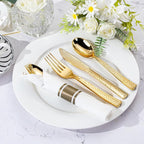 WELLIFE 400PCS Gold Plastic Silverware, Pre Rolled Silverware Set Disposable,Plastic Cutlery Includes: 100 Forks, 100 Knives, 100 Spoons, 100 Napkins, Cutlery Set Disposable for Thanksgiving