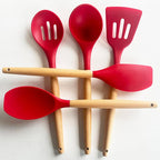 Silicone Cooking Utensils Set 5Pcs Non-Stick Silicone Kitchen Utensils for Cooking, Heat Resistant Kitchen Gadgets Spatula Spoon Turner Set with Wooden Handles for Non-Stick Cookware BPA Free