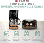 Haden Dorset 4 Slice Wide Slot Stainless Steel Toaster Bundled with 12 Cup Programmable Drip Coffee Maker Coffee Machine, Black & Copper