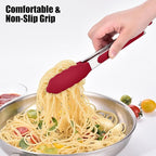 Doosu Kitchen Tongs for Cooking - 600°F Heat Resistant Food Tong with Non-Scratch Silicone Tips, Heavy Duty Stainless Steel Locking Tong for BBQ, Grilling Steak, Serving Salad, Pasta (9in, Red)