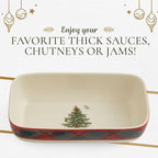 Spode Christmas Tree Tartan Cranberry Sauce Serving Dish with Slotted Spoon (8"x 4.25") - Rectangular Holiday Server with Plaid Border - Dishwasher, Microwave, Freezer Safe Serveware for Entertaining