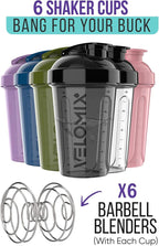 VELOMIX -6 PACK- Shaker Cups for Protein Shakes 20 oz - 6x Wire Whisk | Leak Proof Protein Shaker Bottle for Protein Shakes, Shaker Bottle Pack for Pre & Post Workout, Shaker Cup (Muted Contrast)
