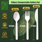 Gezond 150 Count 100% Compostable Cutlery Set, Forks Spoons Knives PLA Disposable Cutlery Set, No Plastic Biodegradable Eco-Friendly Utensils Suitable for Party Picnic Office Everyday Use